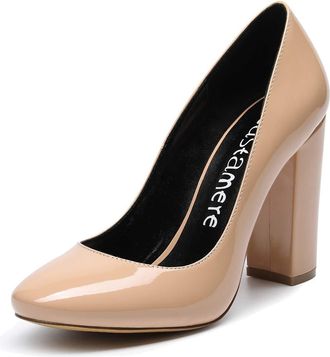 Castamere Womens High Heels Chunky Block Heel Pumps Classic Closed Round Toe Wedding Party Dress Office Shoes 4IN Patent Nude Pumps EU 44.5