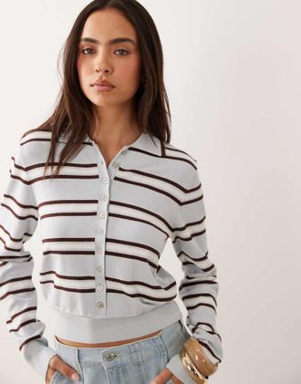 Nobody's Child Polo a maniche lunghe in maglia sottile azzurra a righe-Blu