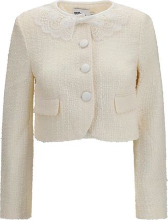 Self Portrait Womens Boucl&eacute; Jacket Cream Lace Collar Polyester