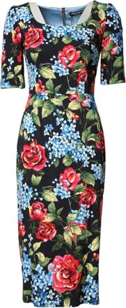 Dolce & Gabbana Black Floral Print Viscose Sheath Midi Womens Dress