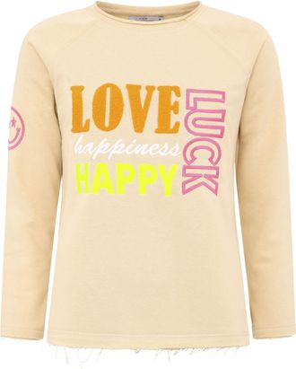 Zwillingsherz Sweater ZWILLINGSHERZ Love Luck Happy, Damen, Gr. L/XL (L/XL), beige, Sweatware, Obermaterial: 50% Baumwolle, 50% Polyester, comfort fit h&uuml;ftlang, Run