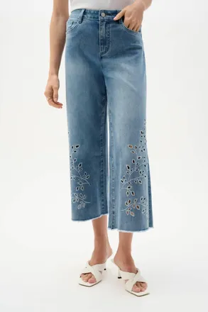 Joseph Ribkoff Repreve Denim Wide Leg Crop Jeans With Embroidery In Blue