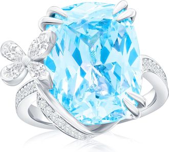 Suzy Levian Sterling Silver Gala Firework Elongated Cushion Cut Aqua & White Cubic Zirconia Butterfly Ring