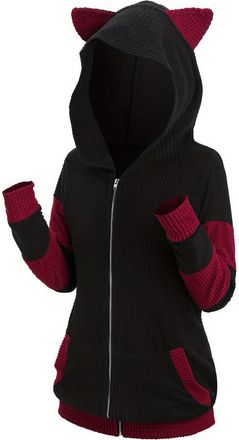 Generic Women Plus Size Cat Ear Ribbed Hooded Coats Blouson Jacket Animal Ear Two Tone Cute Hoodies Full Zip Outwear