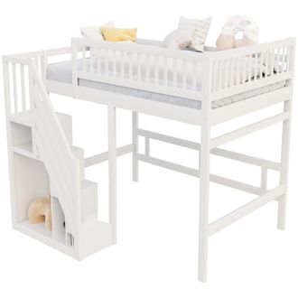 STILVORA Cama Alta Doble Con Escalera De Almacenaje Y Barandilla Alta, 140&times;200 Cm, Sin Colch&oacute;n, Blanca