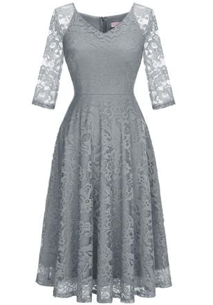 Dressystar Cocktail Dress 3/4 Sleeve Wedding Dress V Neck Lace Dress Short Dress Wedding Guest Dress Grey L