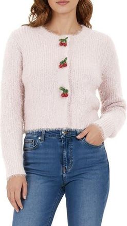 All in Favor Cherry Appliqu&eacute; Fuzzy Crop Cardigan in Pink at Nordstrom Rack, Size X-Small