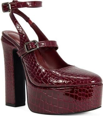 Azalea Wang Felicia Croc Embossed Platform Mary Jane Pump in Burgundy at Nordstrom, Size 8.5