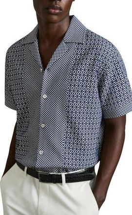 Reiss Matisse Geometric Jacquard Knit Camp Shirt in Navy/White at Nordstrom Rack, Size Medium