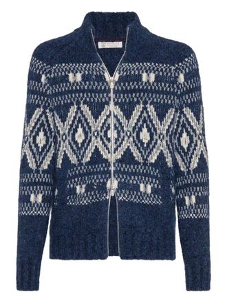 Brunello Cucinelli jacquard zip-up cardigan - men - Alpaca/Nylon/Silk/Cashmere/Wool - 46 - Blue