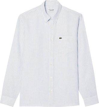 Lacoste Heldere Blauwe Gestreepte Linnen Overhemd - Heren - Casual Overhemden - Blauw - 5XL - Linnen - Overhemden