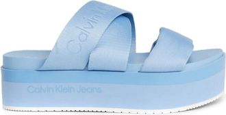 Calvin Klein Jeans Blauwe Platte Sandaal met Webbing Banden - Dames - Sandalen - Blauw - 39 EU - Polyester - Schoenen