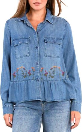 BILLY T Life is a Flower Embroidered Button-Up Shirt in Denim at Nordstrom, Size X-Small