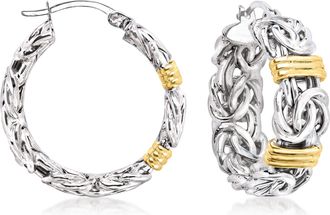 Ross-Simons Sterling Silver and 18kt Gold Over Sterling Byzantine Bar Station Hoop Earrings
