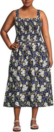 Lands End Plus Size Poplin Smocked Bodice Midi Dress in Deep Sea Spring Floral at Nordstrom, Size 2X