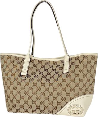 Gucci Gg Canvas Beige White Gg Canvas Leather Tote Bag (Pre-Owned)