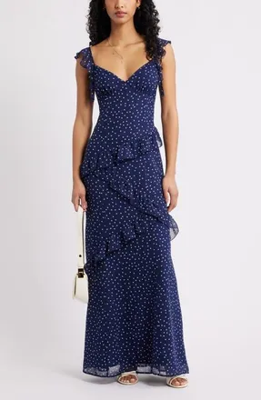 BP. Asymmetric Ruffle Tiered Maxi Dress in Navy- White Myla Dot at Nordstrom, Size Xx-Small