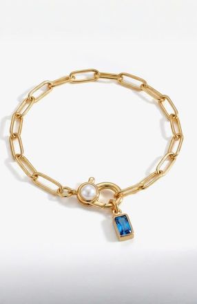 Mint & Lily Paperclip Bracelet with Pearl Accent with Dainty Baguette Birthstone Charm in December Blue Topaz at Nordstrom, Size 8