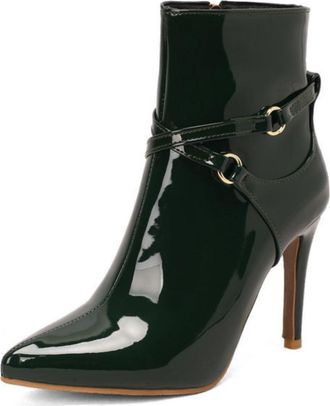 Generic Womens Patent Leather Cross-Strap Buckle Short Boots with Pointed Toe & Side Zipper for Party,Green,5.5 UK