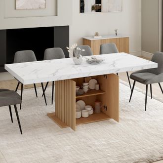 IDMarket Juliette Mesa De Comedor Rectangular Extensible 6-10 Personas Tablero Efecto M&aacute;rmol Listones De Madera Con Almacenaje 160-200 Cm