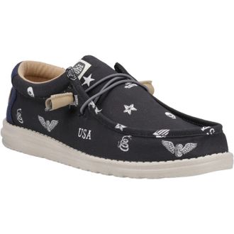 HeyDude Wally Stars n Skulls 100% Cotton Mens Black Boat Shoes - Size UK 12