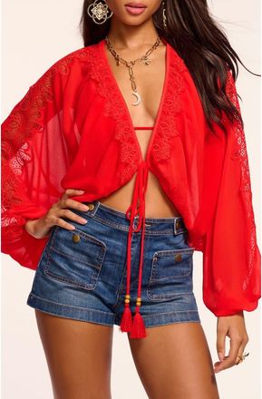 Ramy Brook Angie Lace Inset Cover-Up Top in Flame at Nordstrom, Size Medium