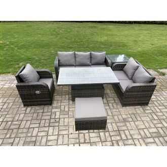 Fimous Outdoor Rattan Furniture Garden Dining Set Patio Height Adjustable Rising lifting Table Reclining Chair Sofa With Side Table 2 Big Footstools - Fimous