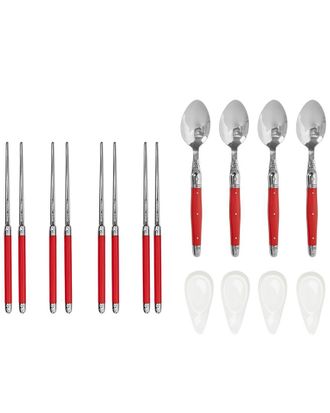French Home Set Of 4 Chopsticks, Laguiole Spoons & Ceramic Rest Pairs