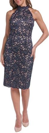 Eliza J Lace Mock Neck Sleeveless Sheath Dress in Navy Tan at Nordstrom, Size 10