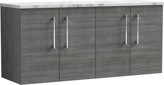 Nuie Nuie Arno Wall Hung 4-Door Vanity Unit with Carrera Marble Worktop 1200mm Wide - Anthracite Woodgrain