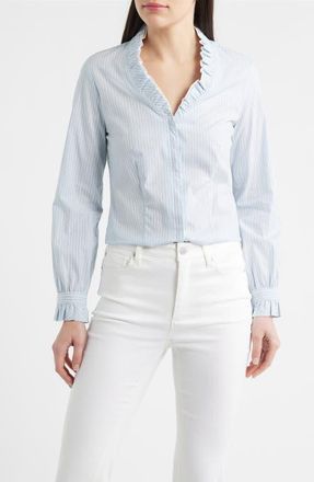 Anne Klein Ruffle Detail Stripe Cotton Button-Up Shirt in Blue Wash Multi at Nordstrom, Size Xx-Small