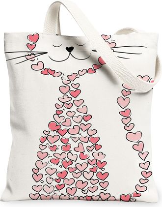 Generic Cute Cat Canvas Tote Bags, Heart Pattern Reusable Grocery Bags, Lightweight Washable Shoulder Strap Canvas for Shopping, Tr, White, 13x15 Inch