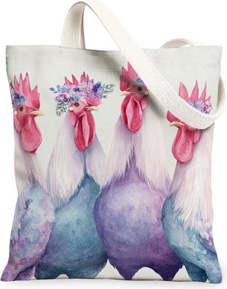 Generic Fanciful Rooster Canvas Tote Bags, Colorful Animal Pattern Reusable Grocery Bags, Vintage Lightweight Washable Shoulder Str, Multicolor, 13x15 Inch