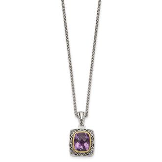 Diamond2Deal Sterling Silver with 14K Accent Cushion Bezel Amethyst Pendant Necklace