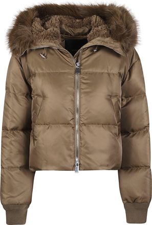 Pinko Piastraia Polyamide Faux Fur Trim Cropped Padded Jacket