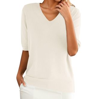 Generic Womens Summer Lightweight Knit Pullover, Thin Top, Short Sleeve V-Neck, Casual Knit Jumper, Elegant Spring Summer Sweatshirt, Solid Color, Short Sleev
