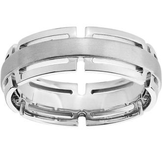 Pompeii3 Mens 7mm Modern Link Edge Wedding Ring in White, Yellow, or Rose Gold