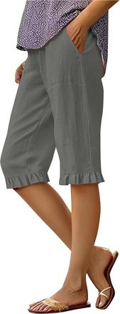 Generic Womens Wide Leg Summer Linen Pants Lightweight Elastic Waist Loose Fit Casual Knee Length Trousers Ladies Solid Trendy Baggy Comfy Vacation Capri Pant