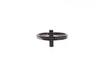 Nialaya Black CZ Cross Rhodium 925 Womens Ring
