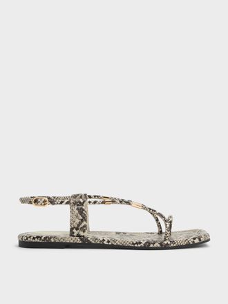 Charles & Keith Snake-Print Metallic-Accent Toe-Ring Sandals