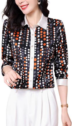 Dissa Women Silk Shirts Polka dot Work Office Button Down Shirt Classic Long Sleeve Silk Blouses Tops,UK 12,S9218 Black
