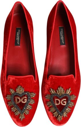 Dolce & Gabbana Womens Velvet Dg Heart Embellished Loafer Red Viscose Silk