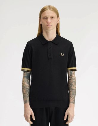 Fred Perry Mens Fred Perry Mens Contrast Cuff Knitted Polo Shirt - Black/Champagne 90A - Size: 40