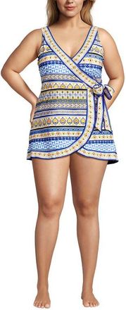 Lands End Side Tie Mini Swim Dress Swimsuit in White Mosaic Stripe Border at Nordstrom, Size 24W