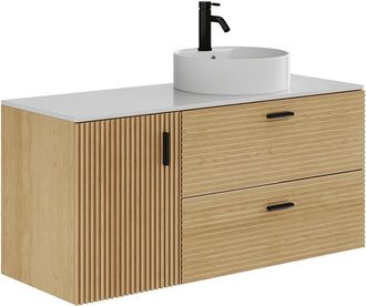 Vente-Unique Mueble de ba&ntilde;o suspendido veteado con lavabo sobre encimera redondo - 1 puerta y 2 cajones - Natural claro - 120 cm - SARONE