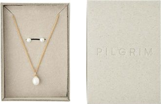Pilgrim Evena - Set regalo con collana e orecchini a bottone placcati oro-Bianco