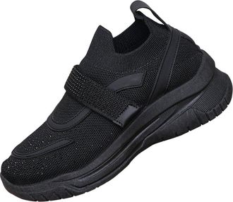 Generic Black Womens Fashion Sneakers Deep Mouth Thick Sole Breathable Beaded Fly Woven with Rhinestone Accents for Casual Outings