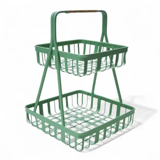 Creative Co-op 2-Tier Metal Tray With Rattan Wrapped Handle In Mint Green
