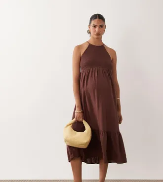 Mama Licious Mamalicious Maternity - Vestito midi color cioccolato con spalline sottili, corpino arricciato e gonna a balze-Marrone