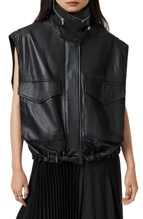AllSaints Clay Funnel Neck Leather Gilet in Black at Nordstrom, Size Small